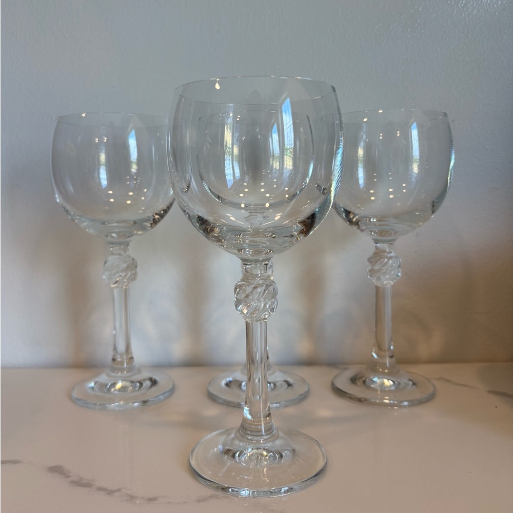 (4) THOMAS Corda Red Wine Glass Vtg Marked Glasses Bar Goblet Swirl Twist Stem